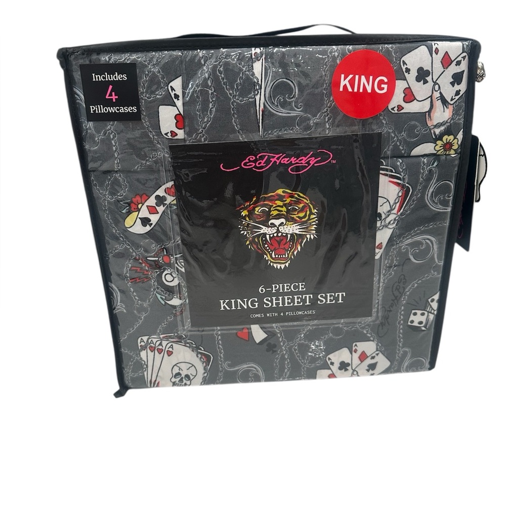 Ed‎ Hardy King Sheet Set 6-Piece Grey with Tiger Skull Playing Cards Print NWT